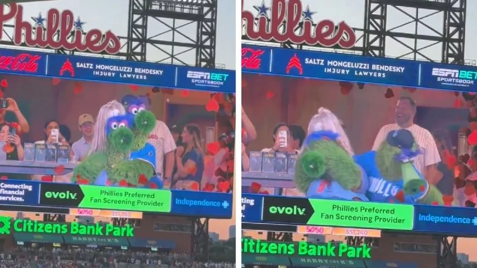 Las mascotas de los Philadelphia Phillies se unieron a una versión entretenida y ajustada del ‘cámara besos’ junto a otras mascotas.