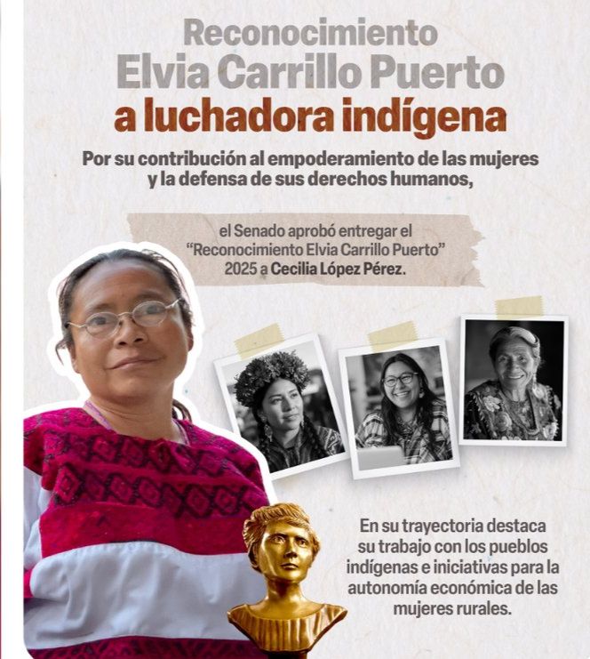 Senado otorga a Cecilia López Pérez la Medalla Elvia Carrillo Puerto 2025 por su labor con mujeres indígenas
