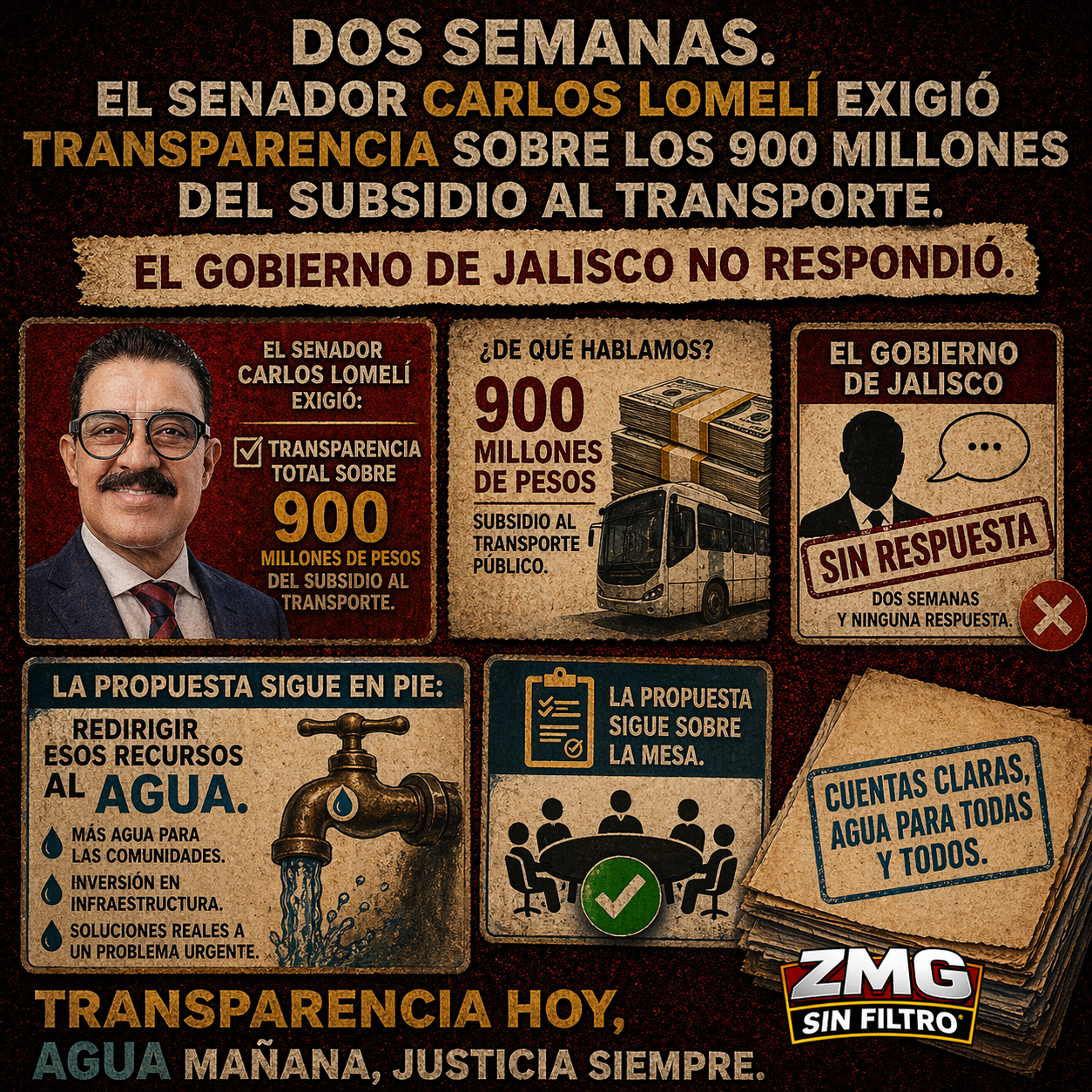 Dos semanas. El senador Carlos Lomelí exigió transparencia sobre los 900 millones del subsidio al transporte. El gobierno de Jalisco no respondió. La propuesta de redirigir esos recursos al agua sigue sobre la mesa.