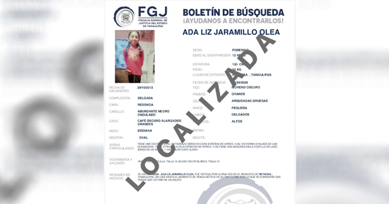 Localizan con vida a menor desaparecida en Reynosa; hallan a adolescente en Guadalajara