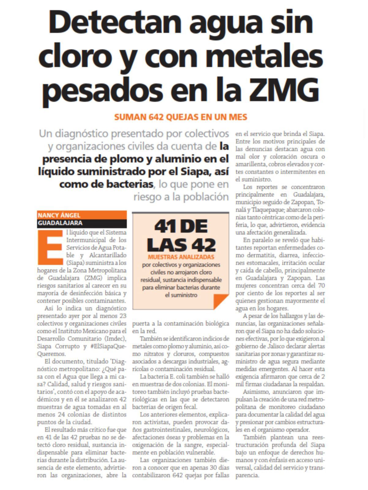 41 de 42 muestras sin cloro – diagnóstico ciudadano confirma crisis del agua en la ZMG