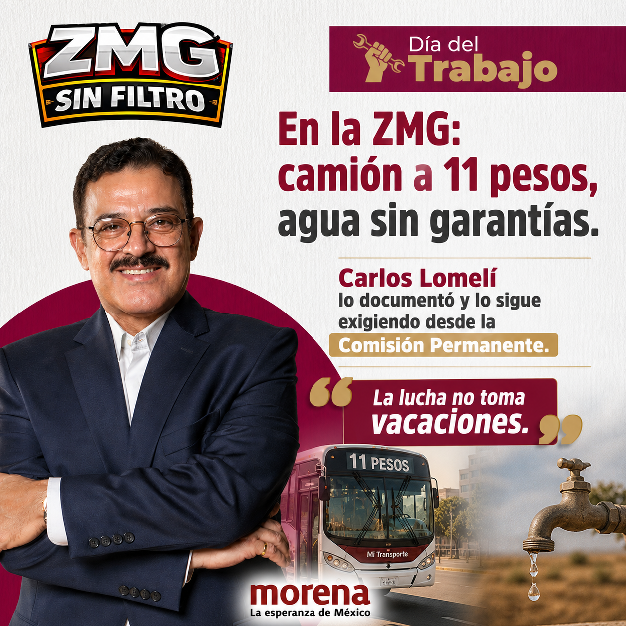 Día del Trabajo: 11 pesos el camión, agua de dudosa calidad en casa – el senador no cierra el expediente