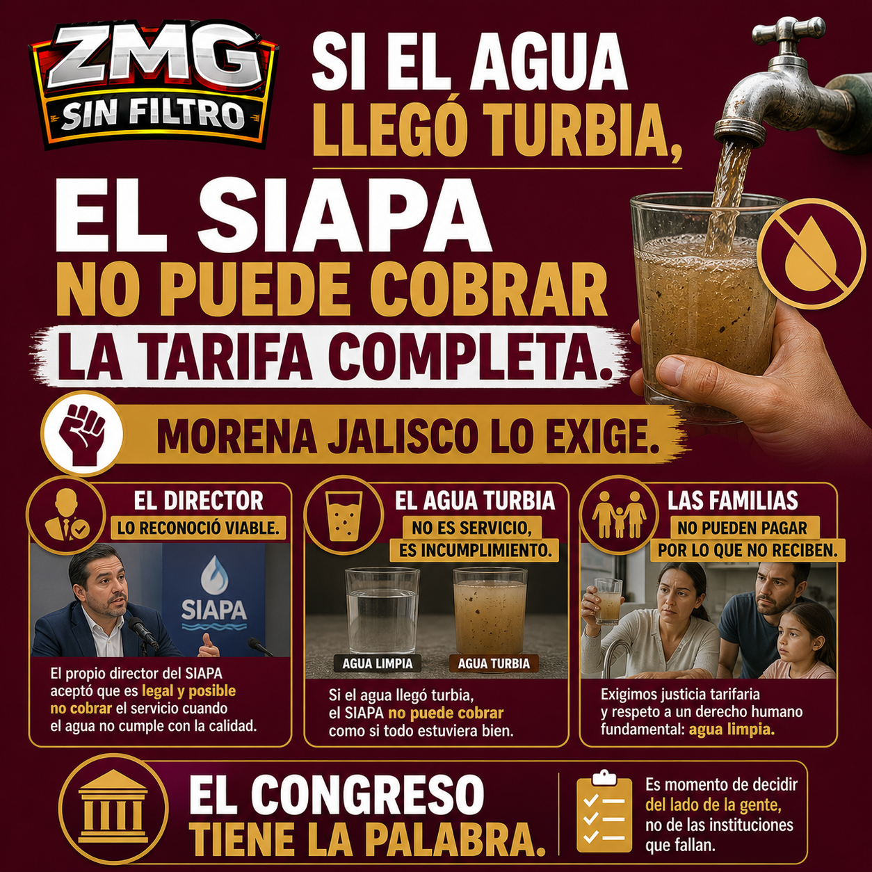 Morena exige condonación de tarifas SIAPA – agua mala no se cobra igual