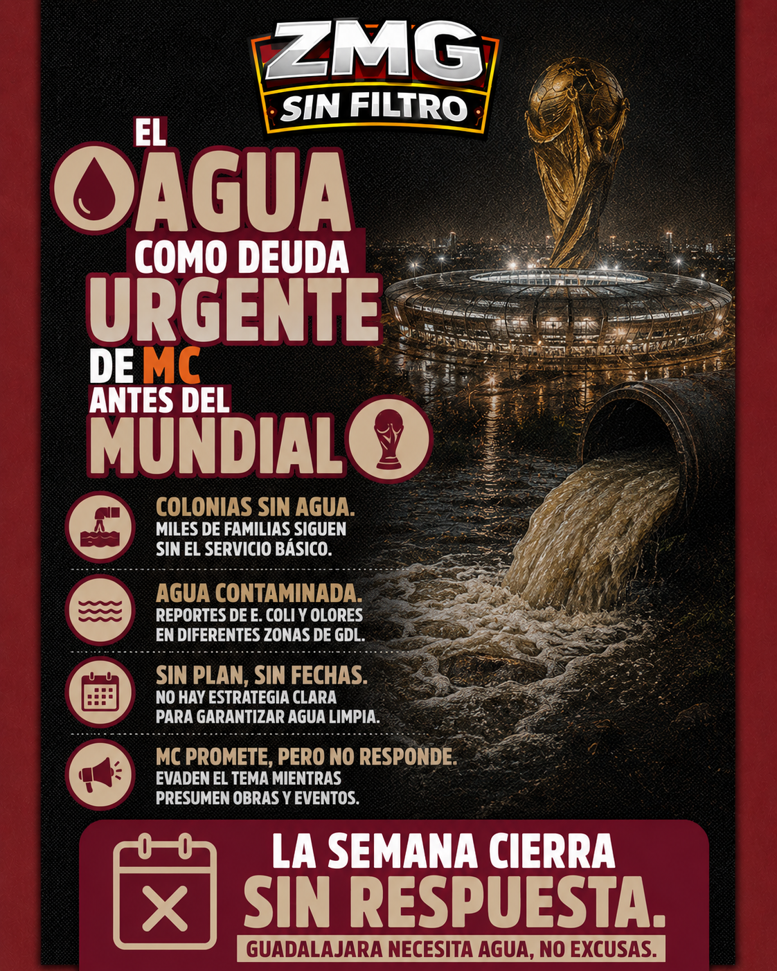 El agua como deuda urgente de MC antes del Mundial – semana cierra sin respuesta